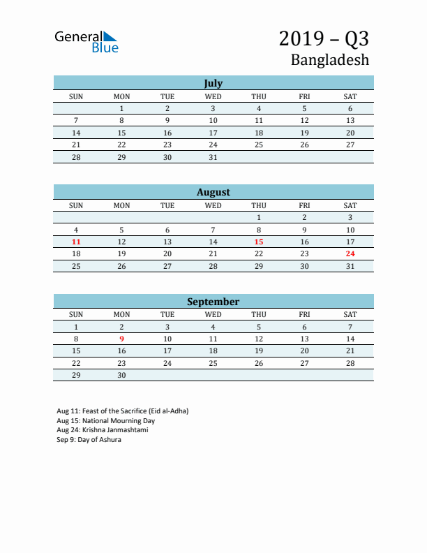 Three-Month Planner for Q3 2019 with Holidays - Bangladesh