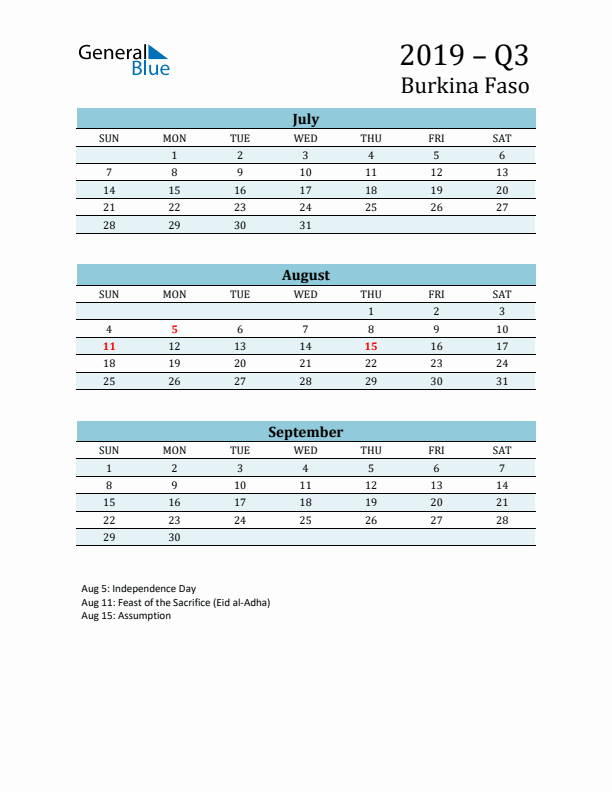 Three-Month Planner for Q3 2019 with Holidays - Burkina Faso