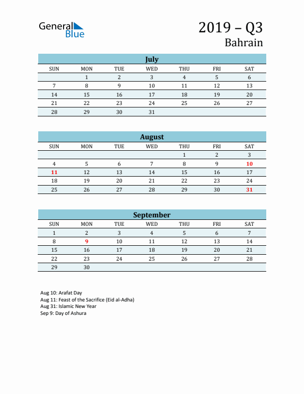 Three-Month Planner for Q3 2019 with Holidays - Bahrain