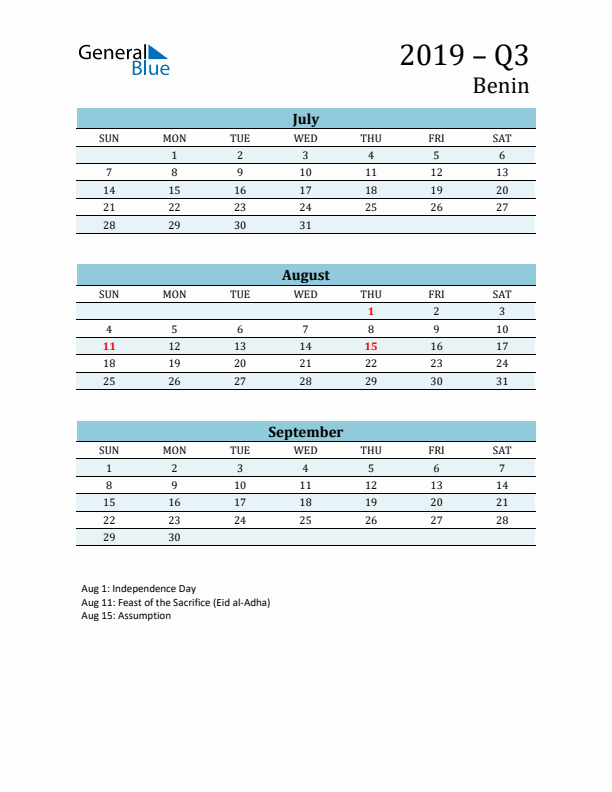 Three-Month Planner for Q3 2019 with Holidays - Benin