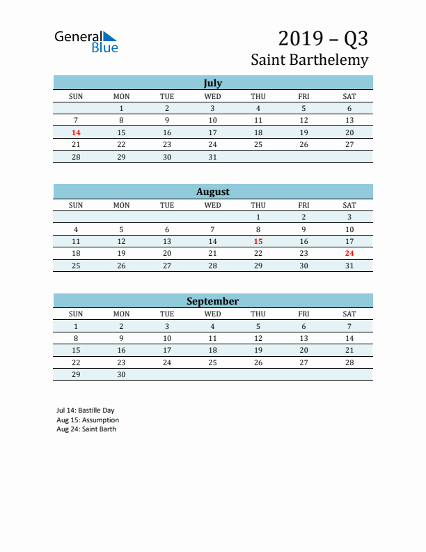 Three-Month Planner for Q3 2019 with Holidays - Saint Barthelemy