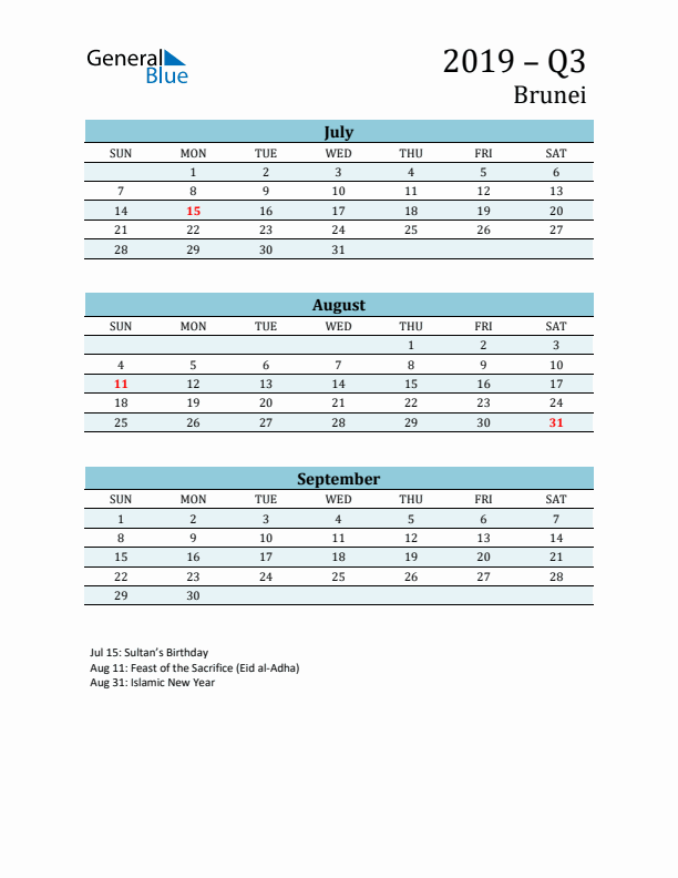 Three-Month Planner for Q3 2019 with Holidays - Brunei