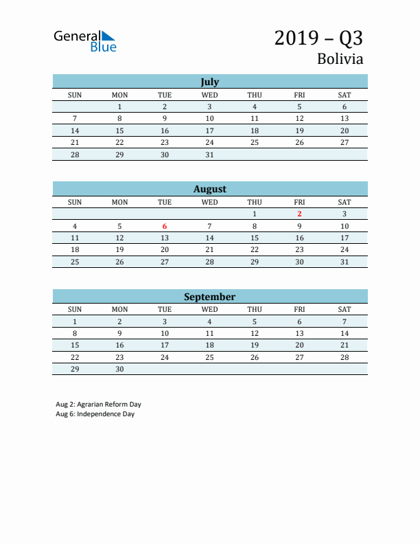 Three-Month Planner for Q3 2019 with Holidays - Bolivia