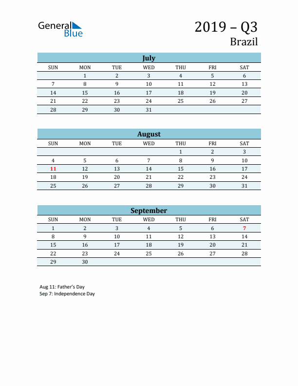 Three-Month Planner for Q3 2019 with Holidays - Brazil