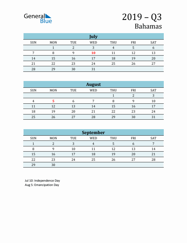 Three-Month Planner for Q3 2019 with Holidays - Bahamas