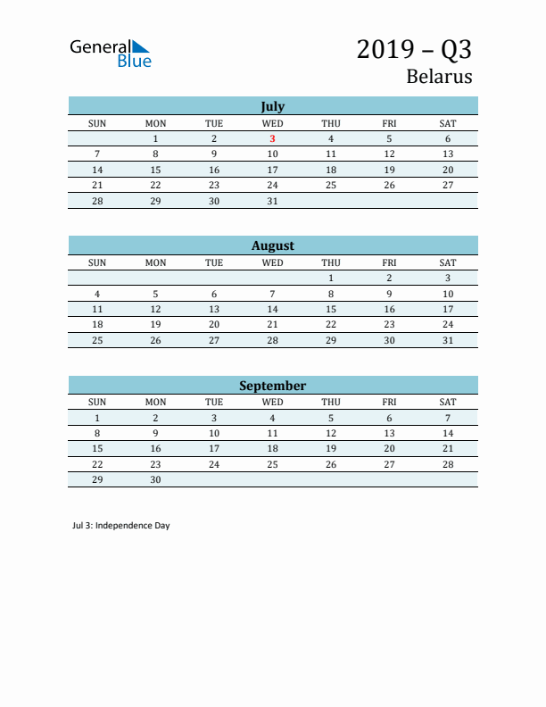 Three-Month Planner for Q3 2019 with Holidays - Belarus