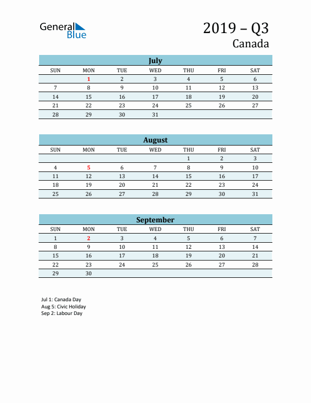 Three-Month Planner for Q3 2019 with Holidays - Canada