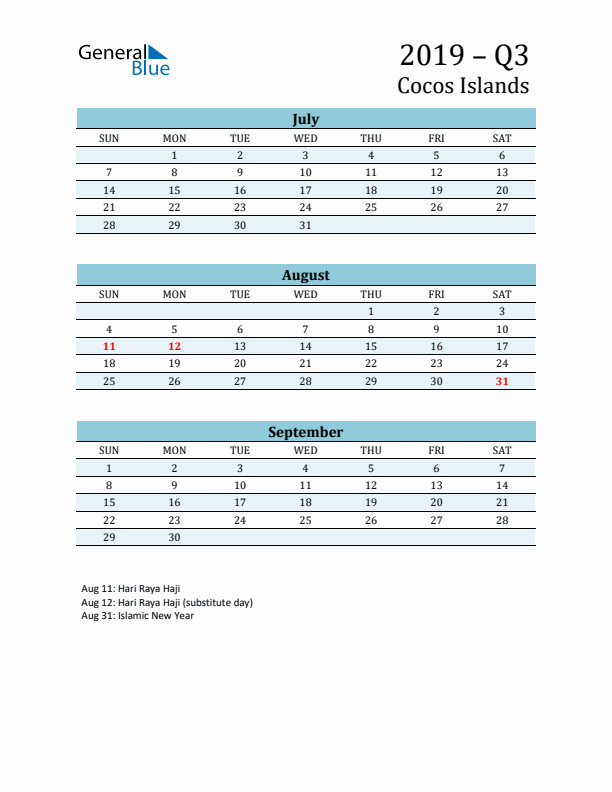 Three-Month Planner for Q3 2019 with Holidays - Cocos Islands
