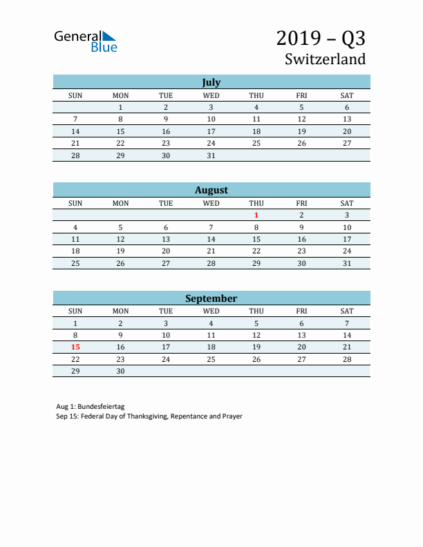 Three-Month Planner for Q3 2019 with Holidays - Switzerland