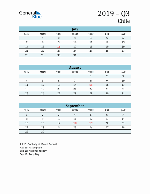 Three-Month Planner for Q3 2019 with Holidays - Chile