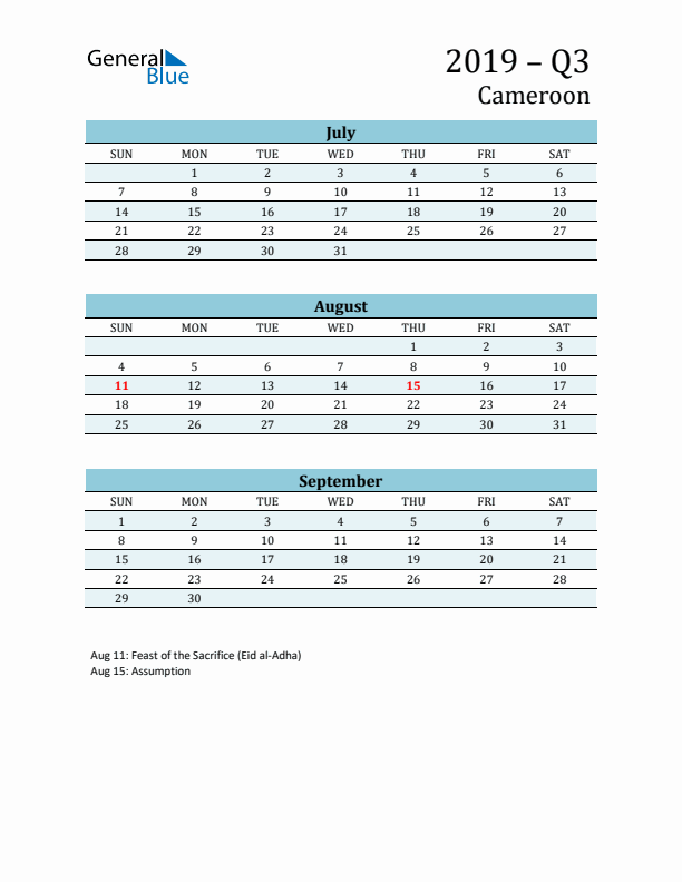 Three-Month Planner for Q3 2019 with Holidays - Cameroon
