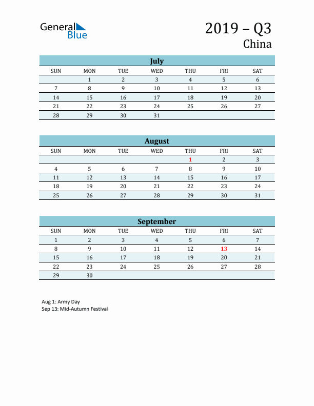 Three-Month Planner for Q3 2019 with Holidays - China