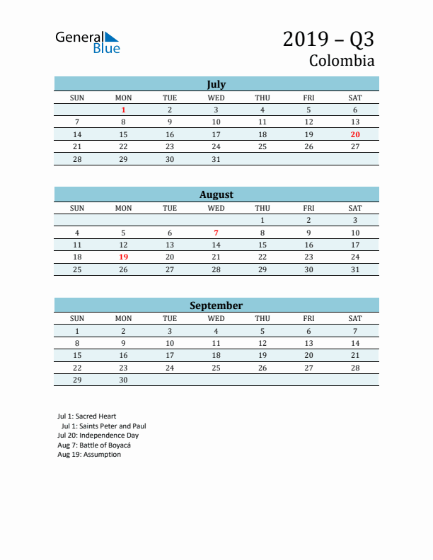 Three-Month Planner for Q3 2019 with Holidays - Colombia