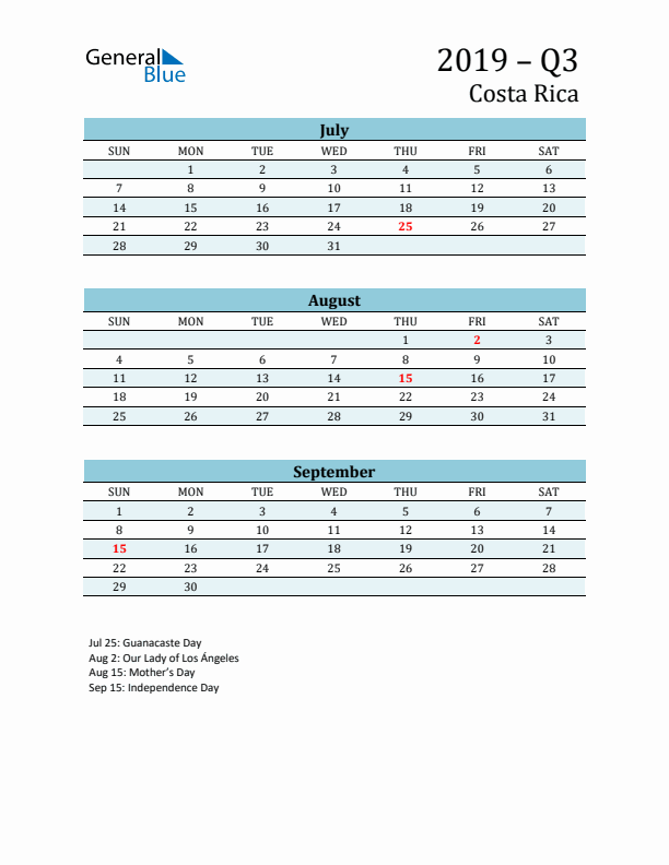 Three-Month Planner for Q3 2019 with Holidays - Costa Rica