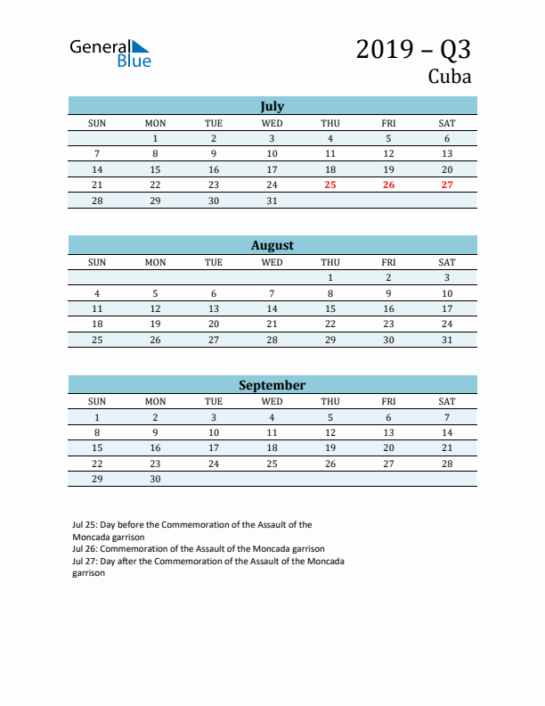 Three-Month Planner for Q3 2019 with Holidays - Cuba