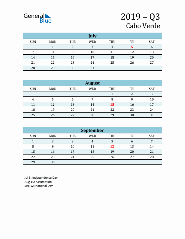 Three-Month Planner for Q3 2019 with Holidays - Cabo Verde