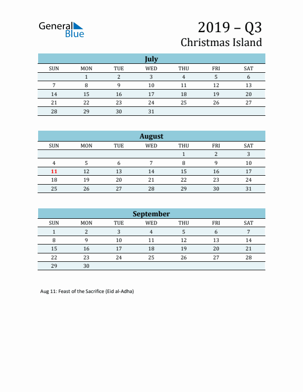 Three-Month Planner for Q3 2019 with Holidays - Christmas Island