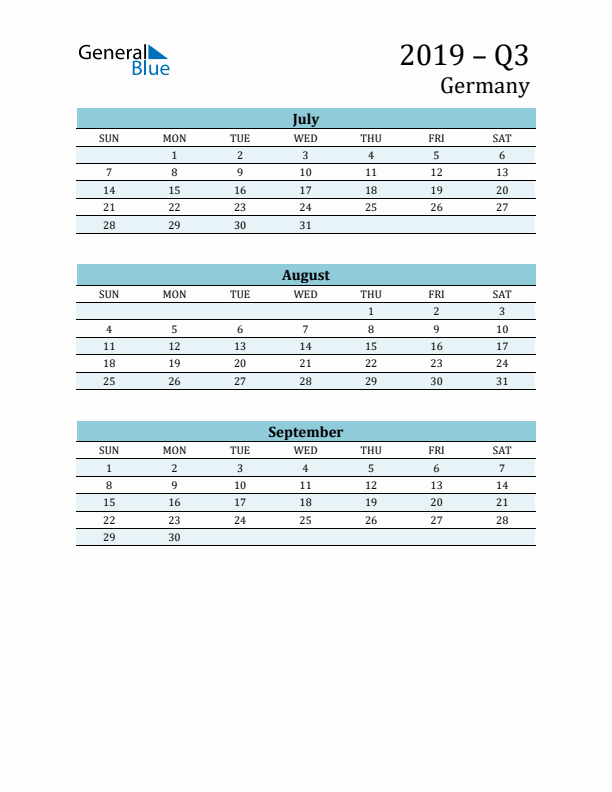 Three-Month Planner for Q3 2019 with Holidays - Germany