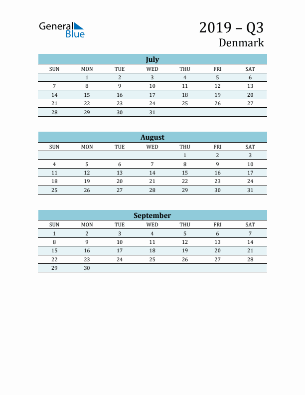 Three-Month Planner for Q3 2019 with Holidays - Denmark