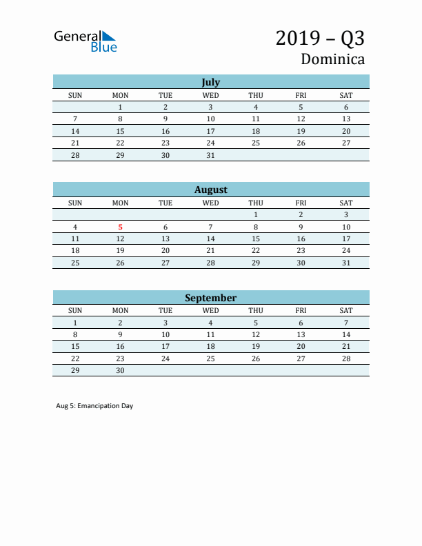 Three-Month Planner for Q3 2019 with Holidays - Dominica