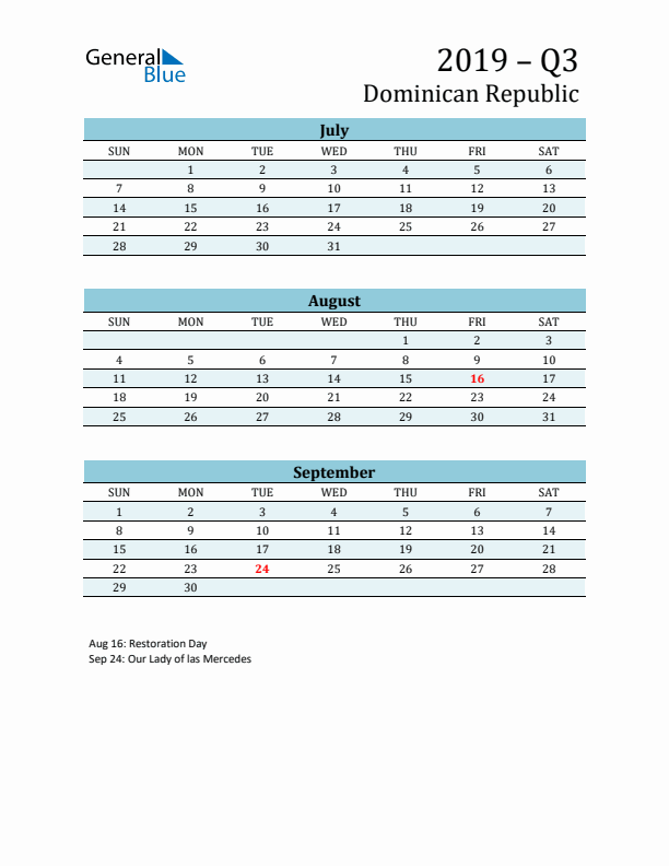Three-Month Planner for Q3 2019 with Holidays - Dominican Republic
