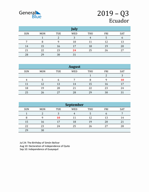 Three-Month Planner for Q3 2019 with Holidays - Ecuador