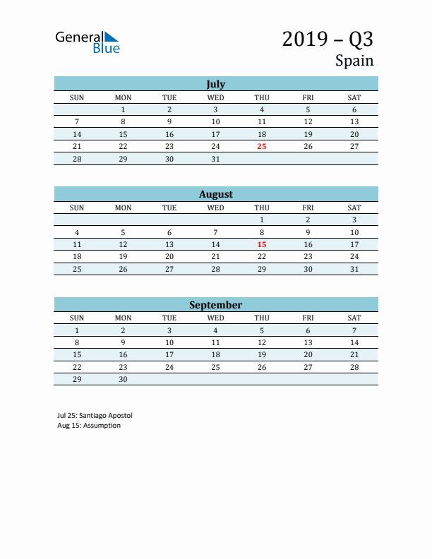 Three-Month Planner for Q3 2019 with Holidays - Spain