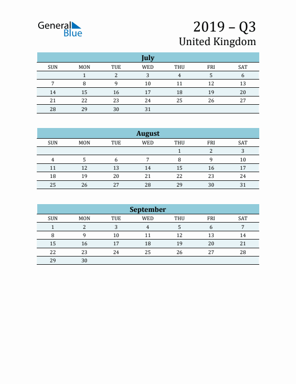 Three-Month Planner for Q3 2019 with Holidays - United Kingdom