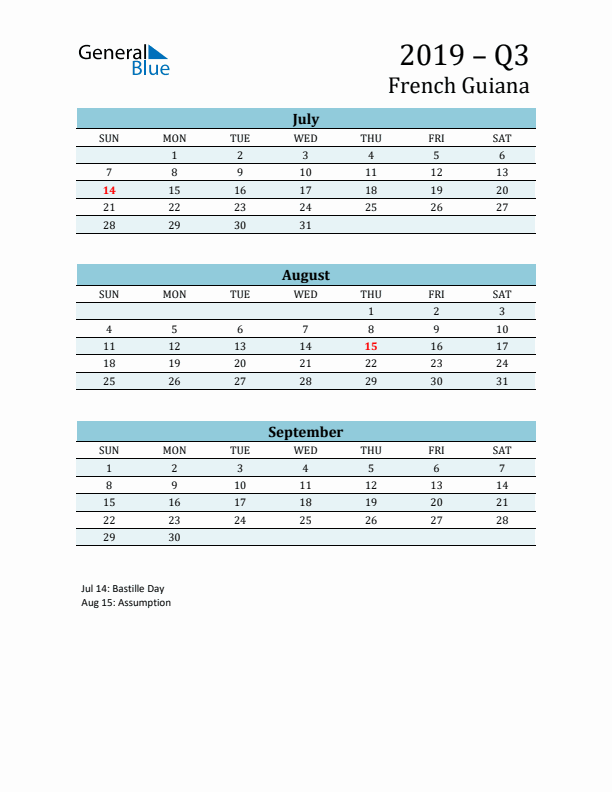 Three-Month Planner for Q3 2019 with Holidays - French Guiana