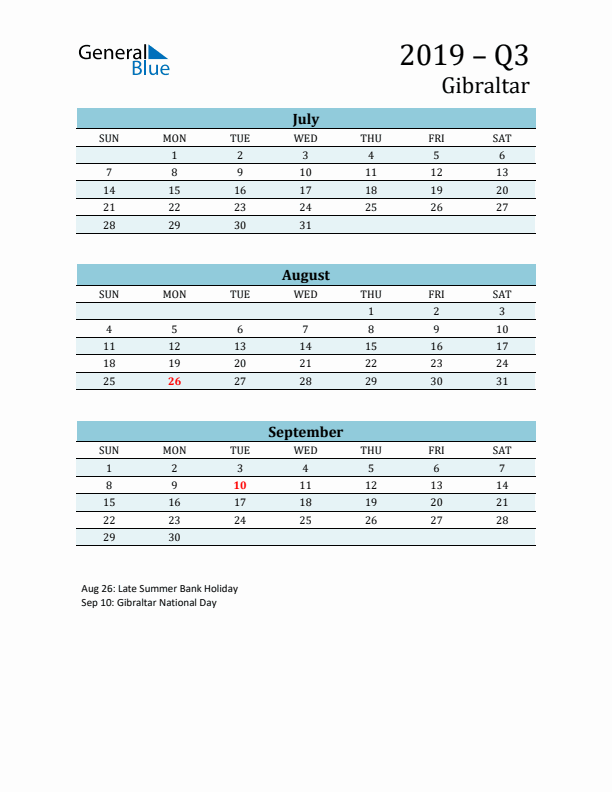 Three-Month Planner for Q3 2019 with Holidays - Gibraltar