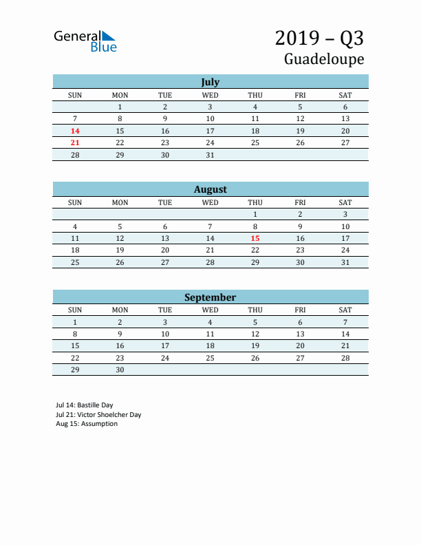 Three-Month Planner for Q3 2019 with Holidays - Guadeloupe