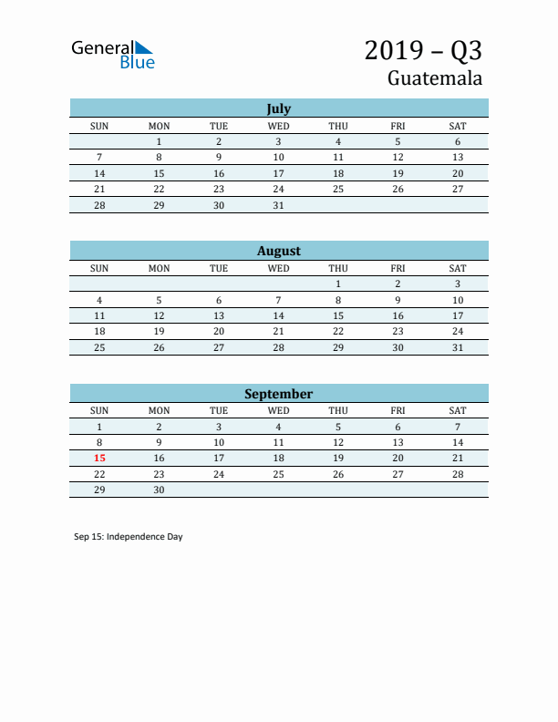 Three-Month Planner for Q3 2019 with Holidays - Guatemala