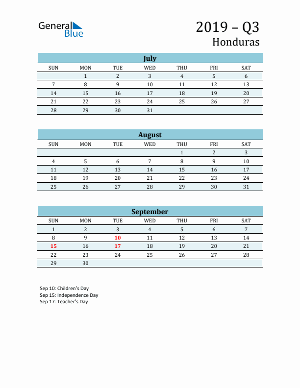 Three-Month Planner for Q3 2019 with Holidays - Honduras