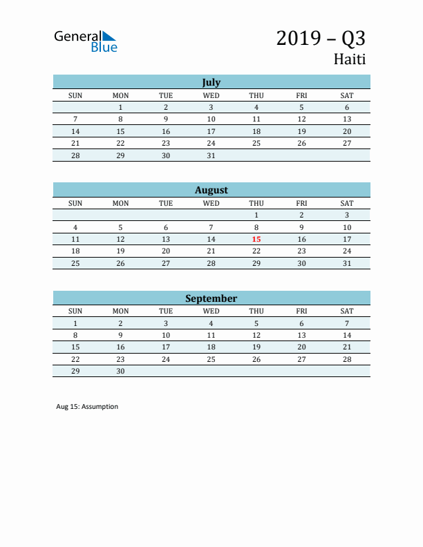 Three-Month Planner for Q3 2019 with Holidays - Haiti