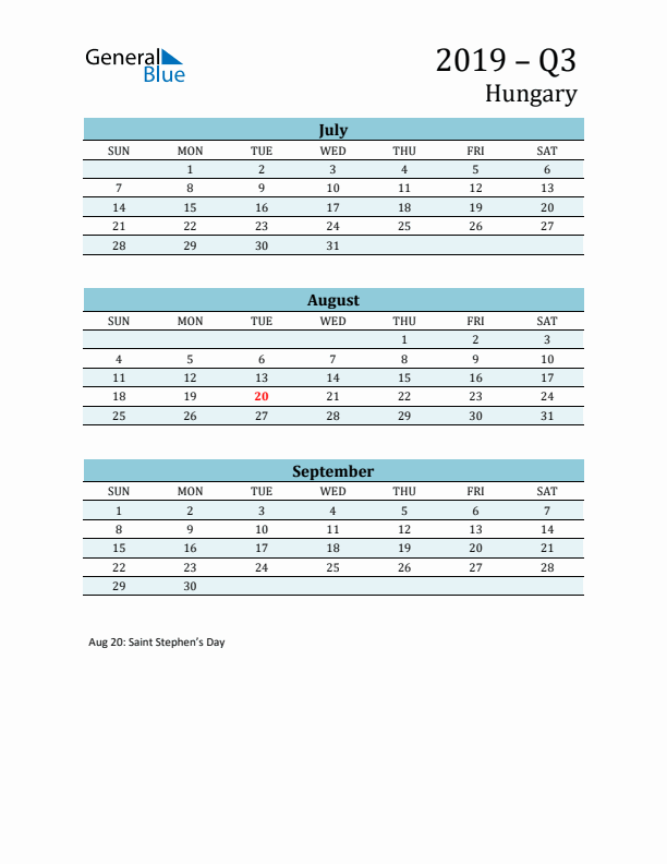 Three-Month Planner for Q3 2019 with Holidays - Hungary