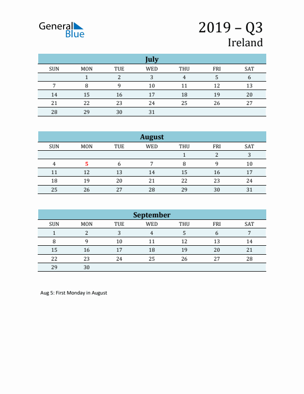 Three-Month Planner for Q3 2019 with Holidays - Ireland