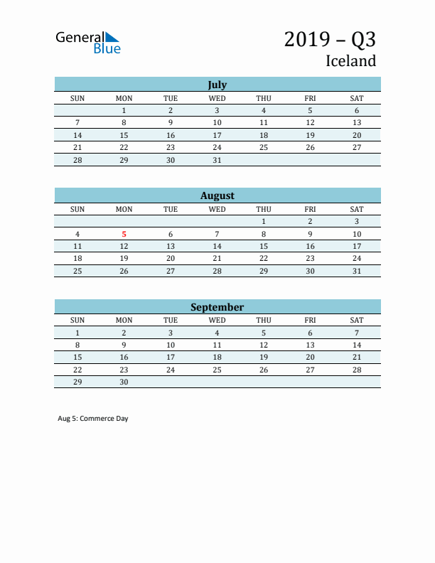 Three-Month Planner for Q3 2019 with Holidays - Iceland