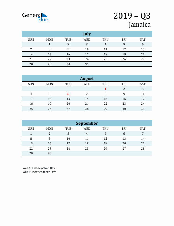 Three-Month Planner for Q3 2019 with Holidays - Jamaica