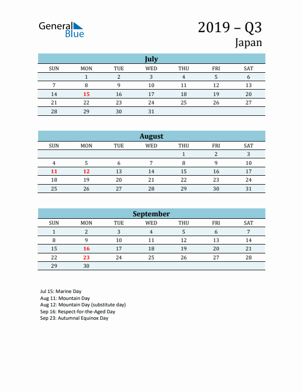 Three-Month Planner for Q3 2019 with Holidays - Japan