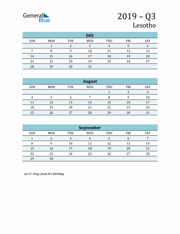 Three-Month Planner for Q3 2019 with Holidays - Lesotho