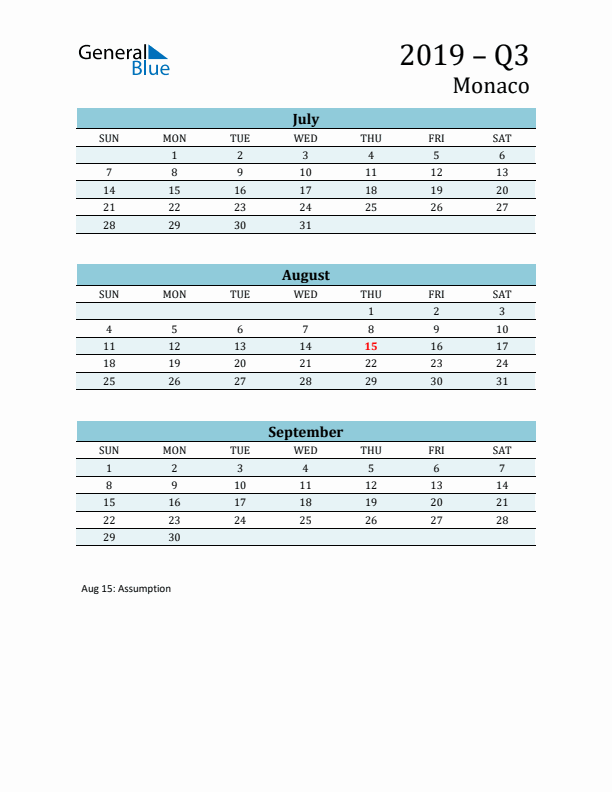 Three-Month Planner for Q3 2019 with Holidays - Monaco