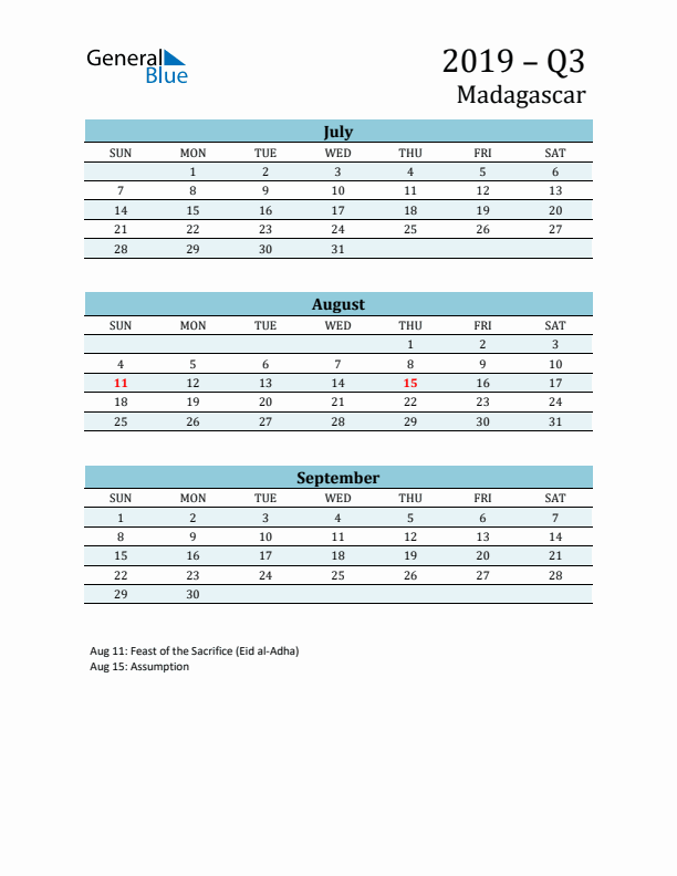 Three-Month Planner for Q3 2019 with Holidays - Madagascar