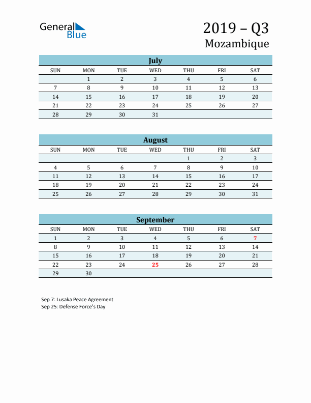 Three-Month Planner for Q3 2019 with Holidays - Mozambique