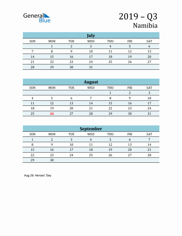 Three-Month Planner for Q3 2019 with Holidays - Namibia