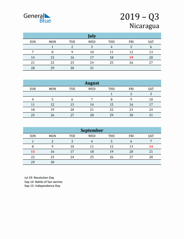 Three-Month Planner for Q3 2019 with Holidays - Nicaragua