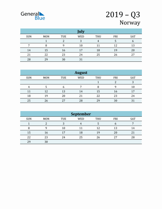 Three-Month Planner for Q3 2019 with Holidays - Norway