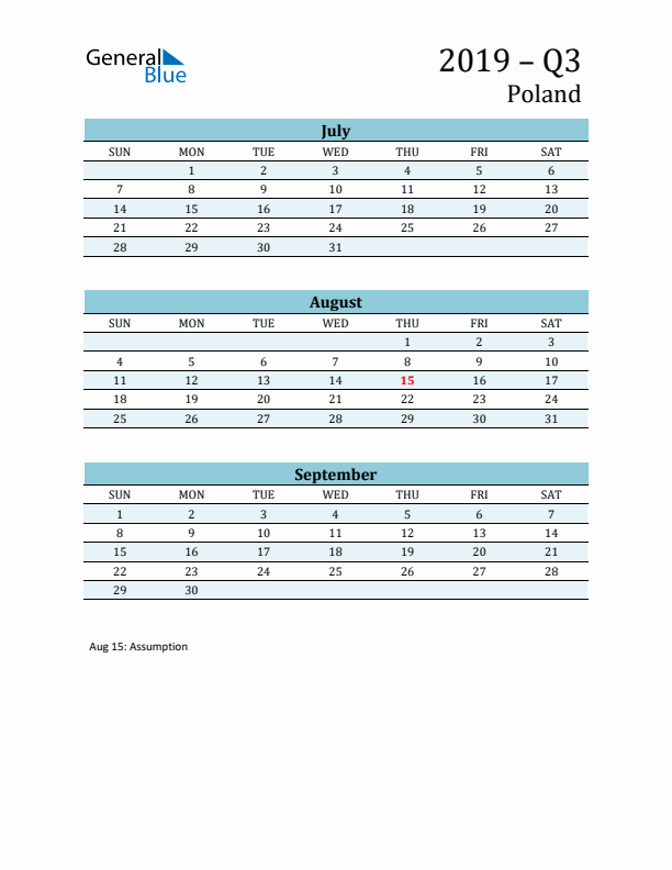 Three-Month Planner for Q3 2019 with Holidays - Poland