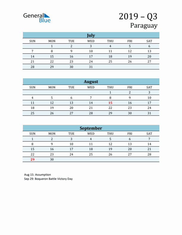 Three-Month Planner for Q3 2019 with Holidays - Paraguay