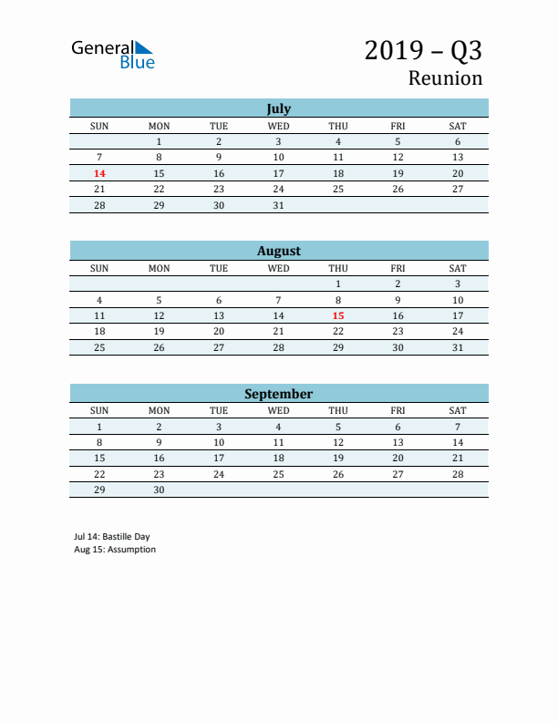 Three-Month Planner for Q3 2019 with Holidays - Reunion