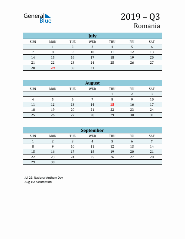 Three-Month Planner for Q3 2019 with Holidays - Romania